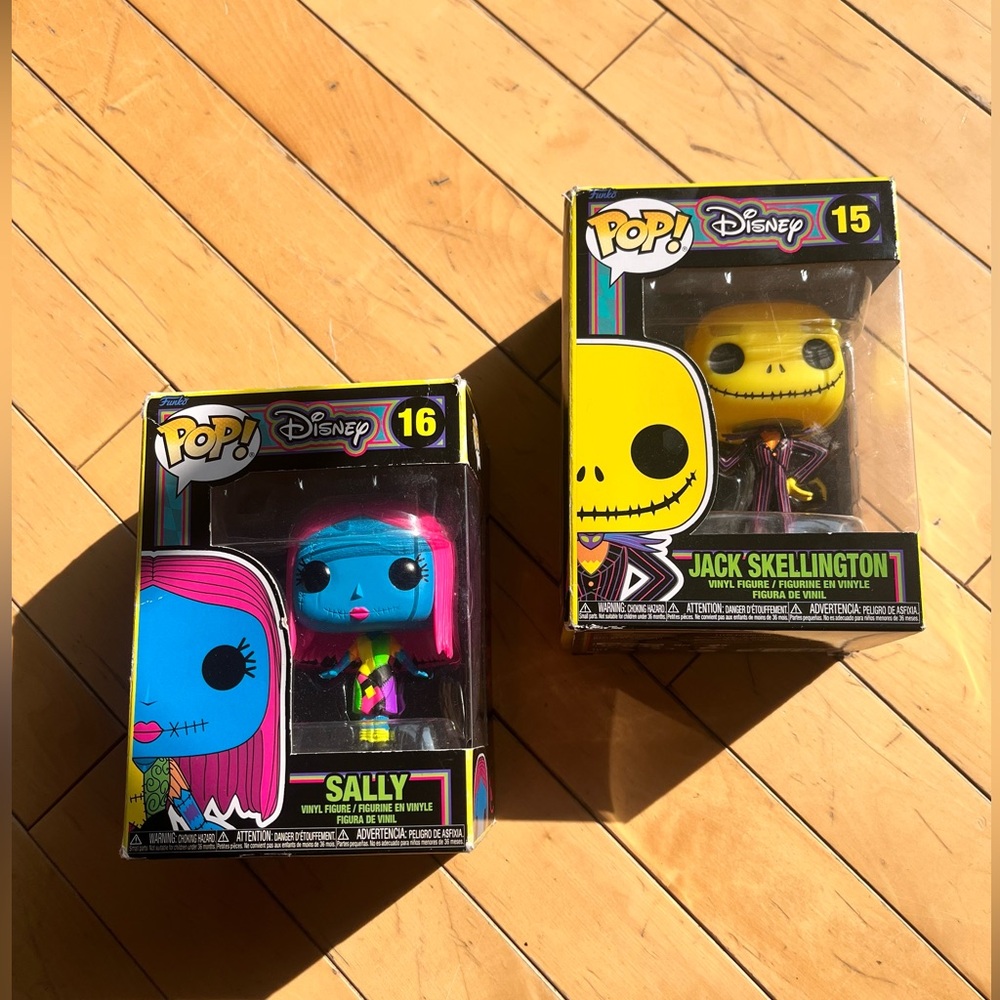 Funko Pop Sally and Jack Skellington Figures - Disney - UV Light Special Edition